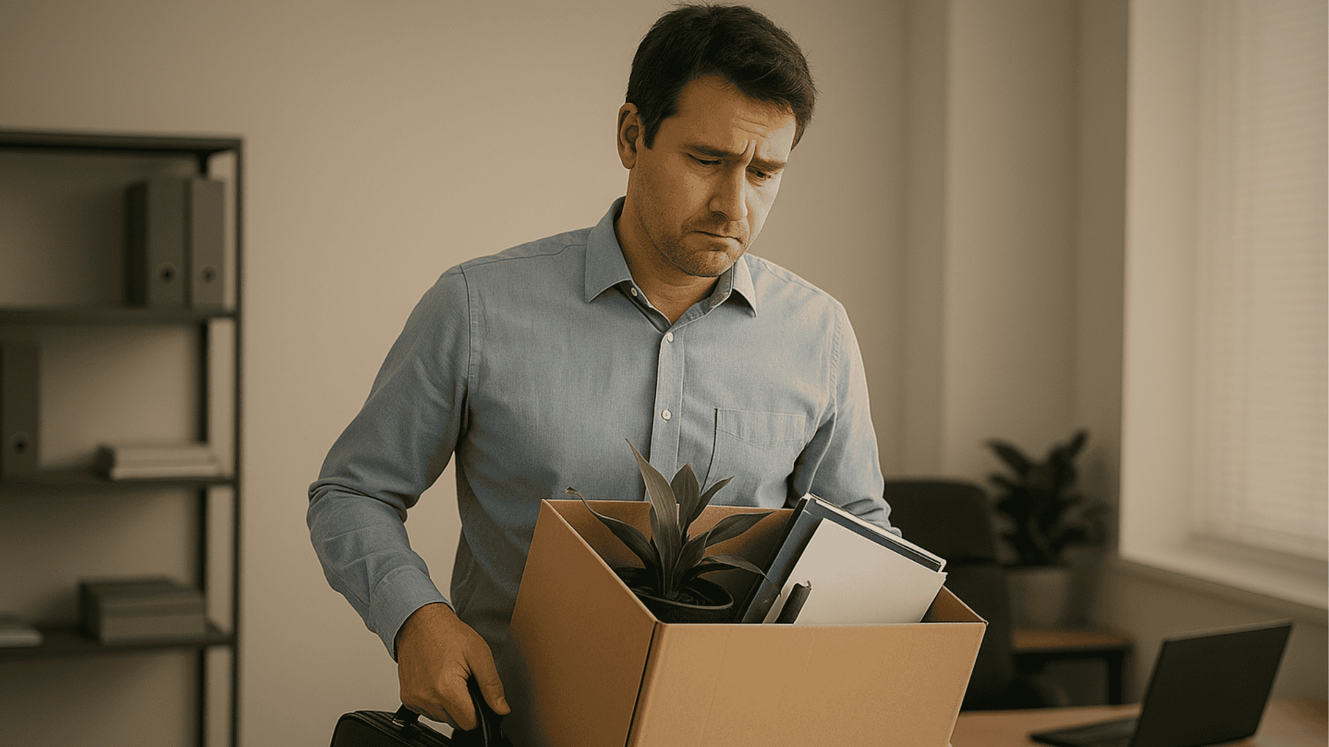 Homem com suas coisas em uma caixa após ser despedido