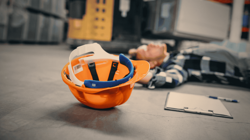 Trabalhador caído no chão após sofrer um acidente de trabalo